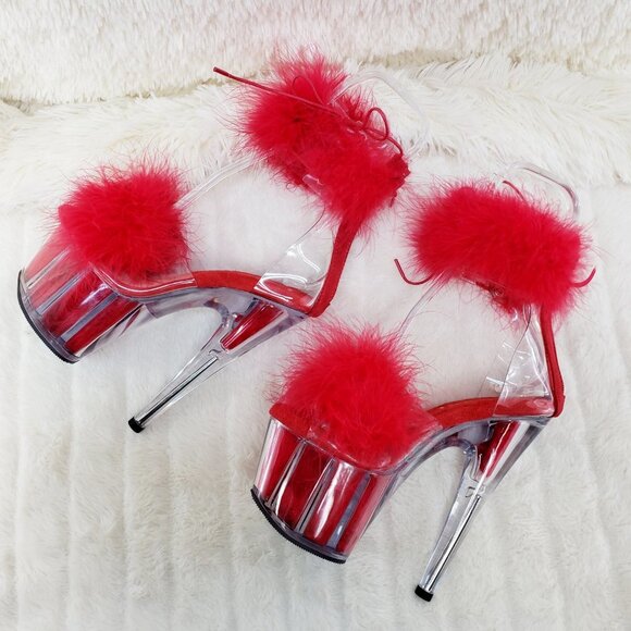 Red Furry Marabou Feather 7" High Heel Platform Shoe - Picture 5 of 15